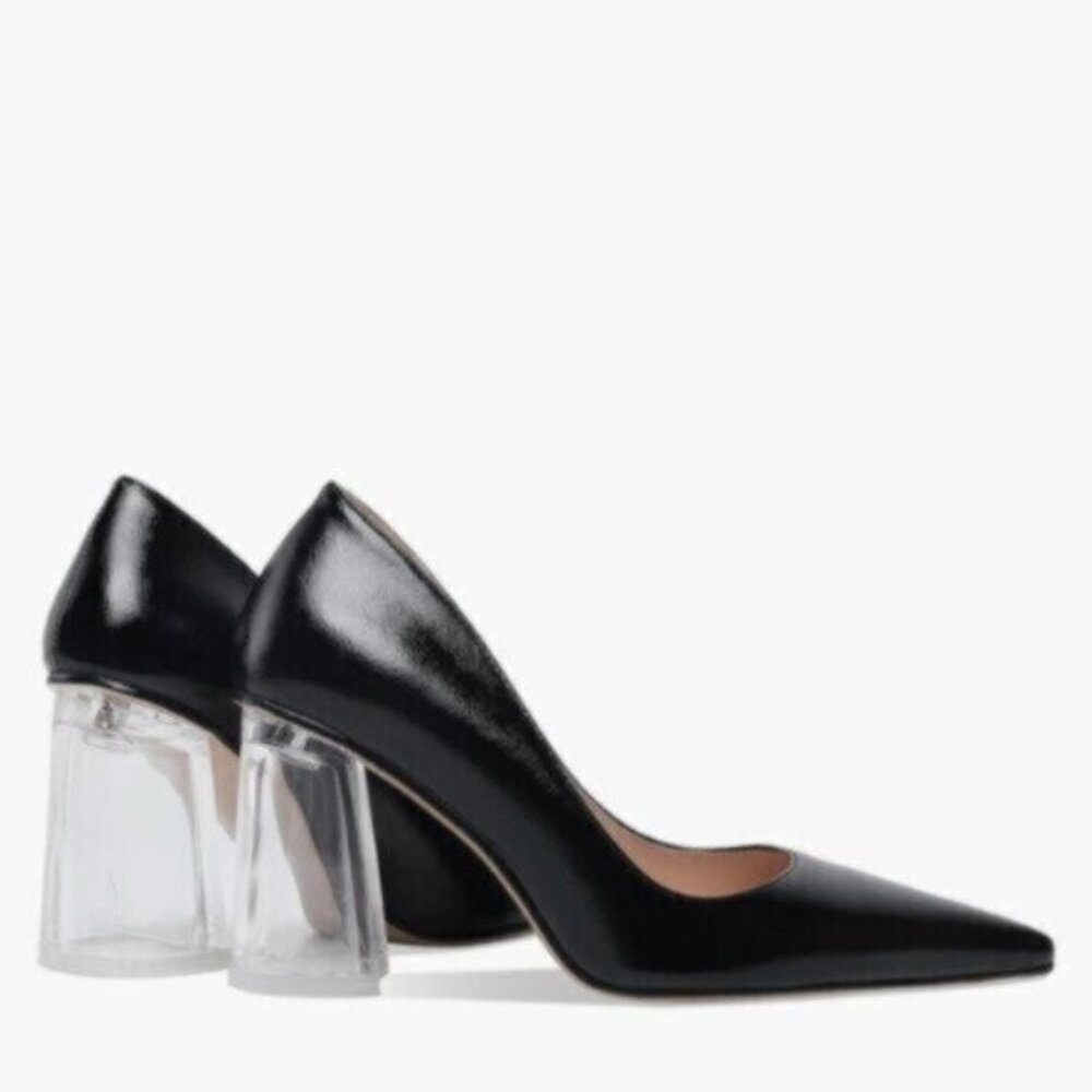 Marc Fisher Black Patent Pointed-Toe Pumps with Clear Block Heels